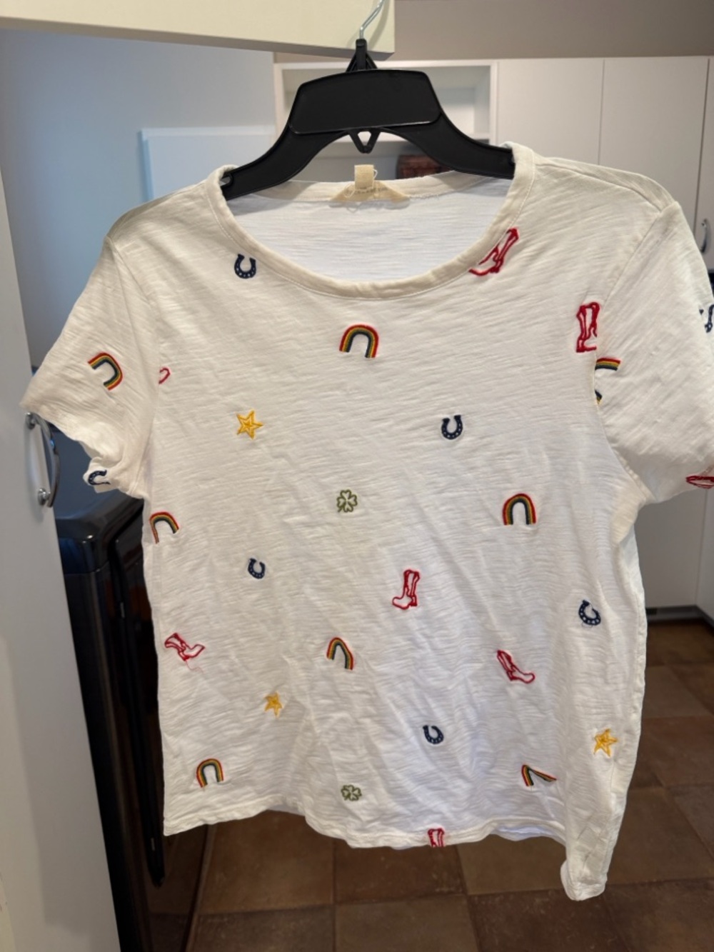 Lucky Brand White Short Sleeve Tee with Multicolor Embroidered Motifs